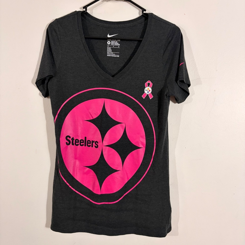 Nike Pittsburgh Steelers T-Shirt Womens Medium Gray Pink Breast Cancer NFL Tee